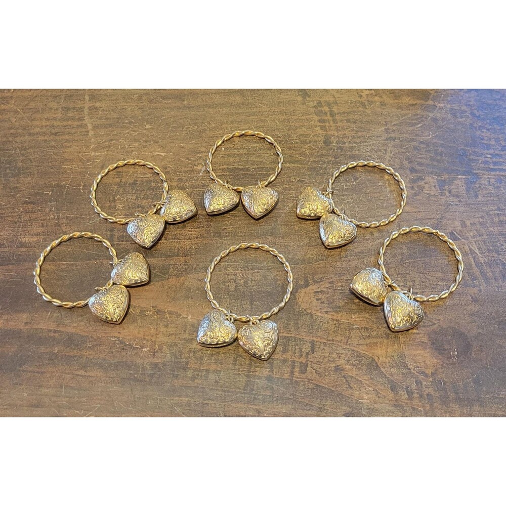 Vintage Gold Tone Heart Napkin Rings Set of 6 Embossed Dangle Charm Table Decor
